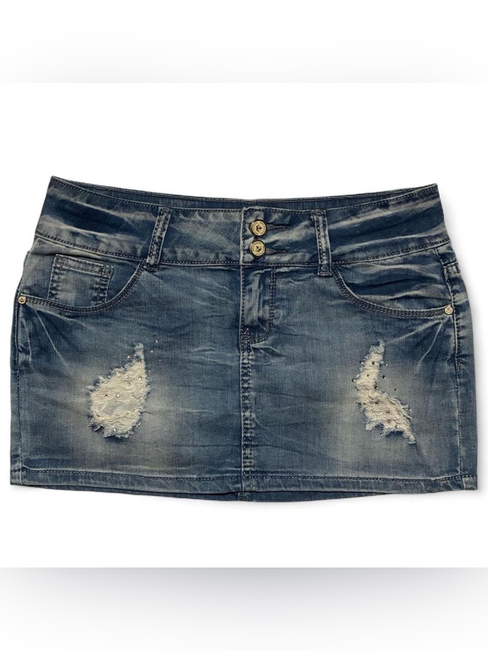 Distressed Blue Denim Mini Skirt - Women's Casual